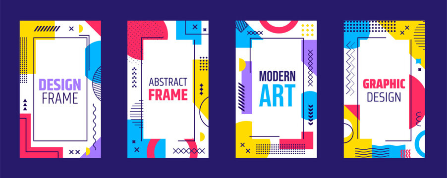 Abstract business geometric posters with Memphis patterns and elements. Vector vertical frame or border templates, modern hipster layouts. Vibrant backgrounds, cards with retro futuristic flair