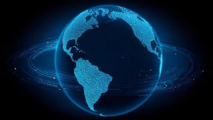 Animated digital earth globe with glowing particles and orbiting data streams, emphasizing global - Powered by Adobe