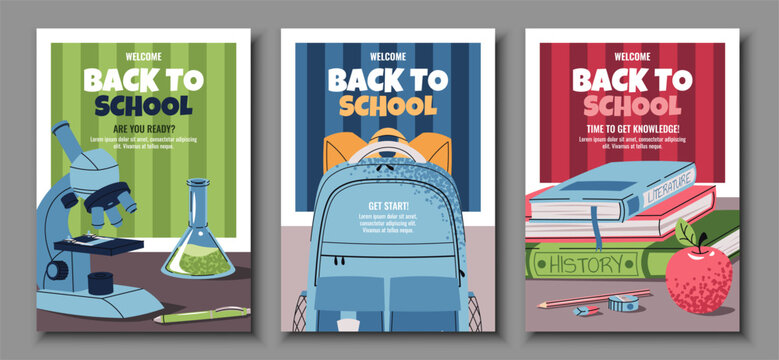 Back to school poster set. Flat Design banners with Backpack, microscope, stack of books on a striped background. Vector Illustration Pack for Teachers, E-Learning, online school, invitation, ads.