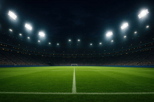 Players battling for the ball on a vibrant green soccer field under bright stadium lights.