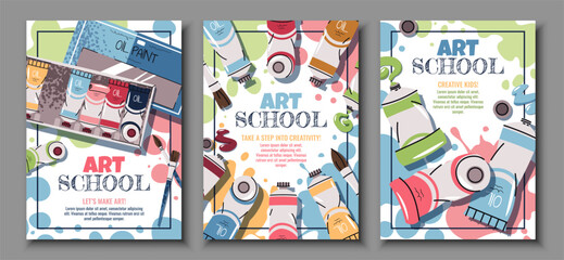 Art School Poster Set with Oil Paints and Brushes in Flat Design. Perfect for Art Classes, Creative Workshops, Online Courses, Social Media and Visual Branding Projects. Cover for flyer, invitation