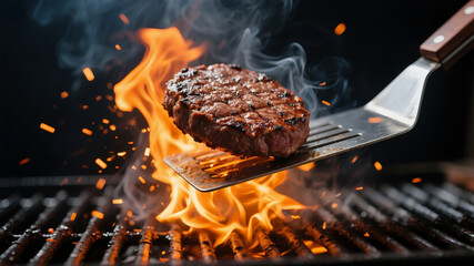 A dynamic action shot of a thick hamburger patty being flipped on a fiery barbecue grill with a metal spatula, with flames and smoke rising around it