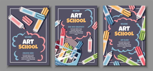 Kids Art School Poster Set. Vibrant Banners set of Alcohol Markers, Art Supplies for Classroom Decor, Illustration Workshops, Design Studios. Template for banner, flyer, invitation