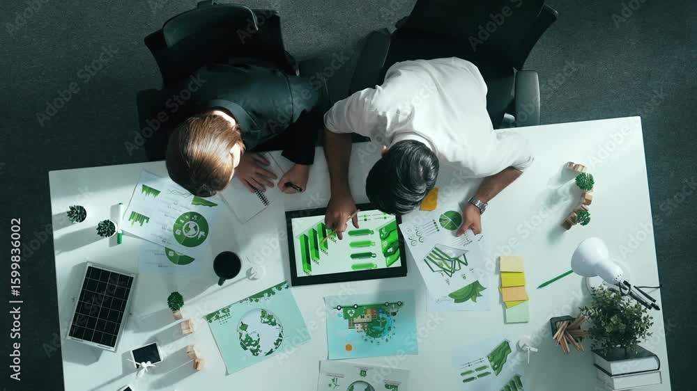 Poster top down view of business man presenting sustainable idea to manager by using tablet display esg env