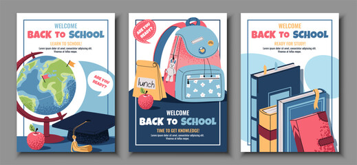 Back to school poster set. Flat Design banners with Backpack, globe, stack of books. Vector Illustration Pack for Teachers, online school, ads, Classroom Decoration, Homeschooling, Bulletin Boards
