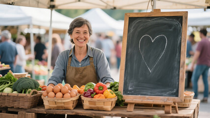 A friendly farmer selling fresh brown eggs and organic vegetables at a vibrant local farmers' market, interacting with customers