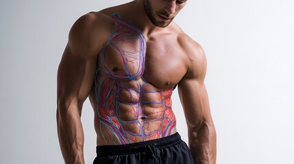 A muscular man with his abdominal muscles clearly bulging. His torso is clearly displayed in colored sections the upper abdomen in red and the lower abdomen in blue.