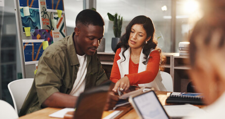 Graphic design, documents and business people in office, technology and cooperation with...