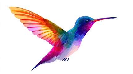 Obraz premium Vibrant hummingbird with rainbow wings mid-flight on a plain white background