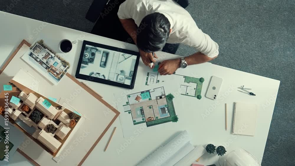 Poster top view of architect engineer looking house model and blueprint while designing and measuring build