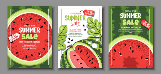 Watermelon Sale Posters Set in Flat Design. Banners for Summer Promotions. Fresh Fruit Designs for Food Marketing, Grocery Discounts, Cafe Menus. Perfect for Advertising, Social Media, Store Signage.