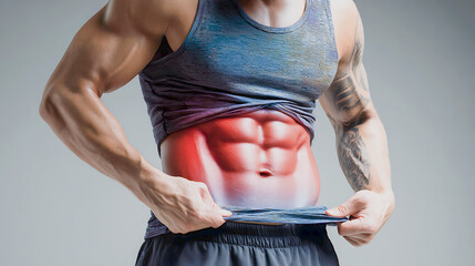 A muscular man with his abdominal muscles clearly bulging. His torso is clearly displayed in colored sections the upper abdomen in red and the lower abdomen in blue.