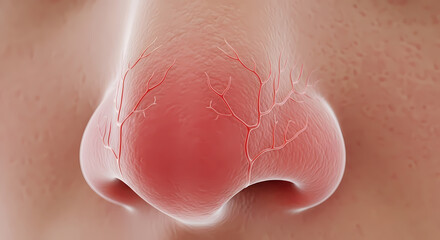 Fototapeta premium Close-up detailed medical illustration of a human nose, showcasing its internal vascular network and skin texture.