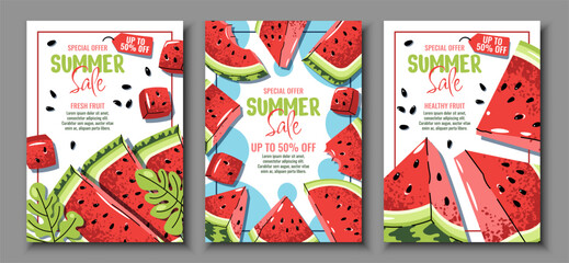 Watermelon Slice Sale Posters Set, Flat Design. Banners for Summer Promotions. Fresh Fruit Discount Templates for Supermarkets, Juice Bars, Food Marketing. Ideal for Social Media Ads, Retail Signage