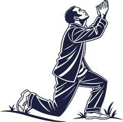 Man in suit kneeling and praying with hands clasped upwards