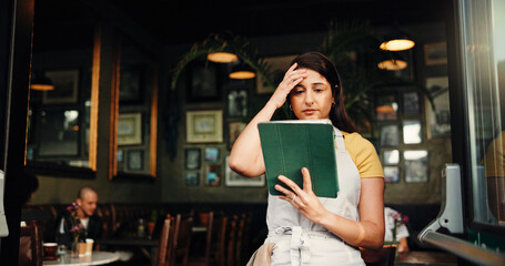Waitress, stress or woman at cafe with tablet for inflation, bankruptcy or financial crisis. Sad,...