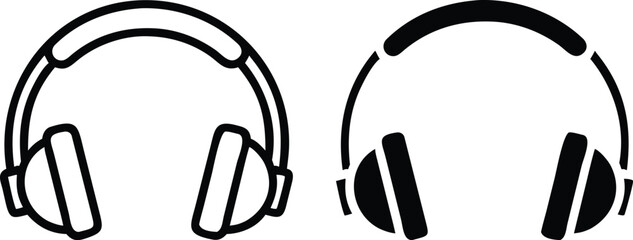 Headphones Icon Set in Black and White Outline and Solid Style for Audio and Music Design