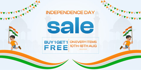 Indian Independence Day Sale: 15th August, 79 years celebrating   15 August sale. Buy 1 Get 1. India Independence Day Sale Banner. Poster, Sale, offer, and. Web Banner.
