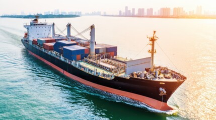 Massive cargo vessel navigating ocean waves under golden sunset, showcasing stacked containers in maritime setting.