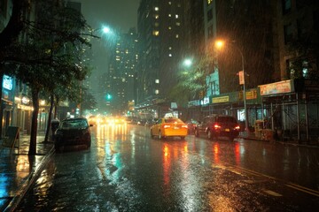 It's raining in city on streets