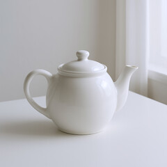 Simple White Ceramic Teapot on White Table Near Window Light