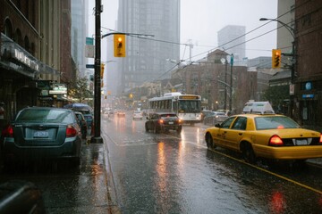 It's raining in city on streets
