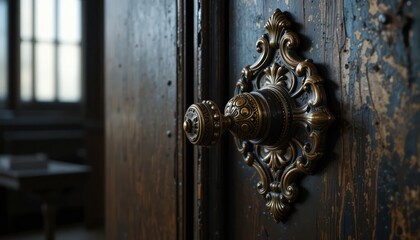 Antique Door Handle Detail: Ornate Brass Hardware on Dark Wood