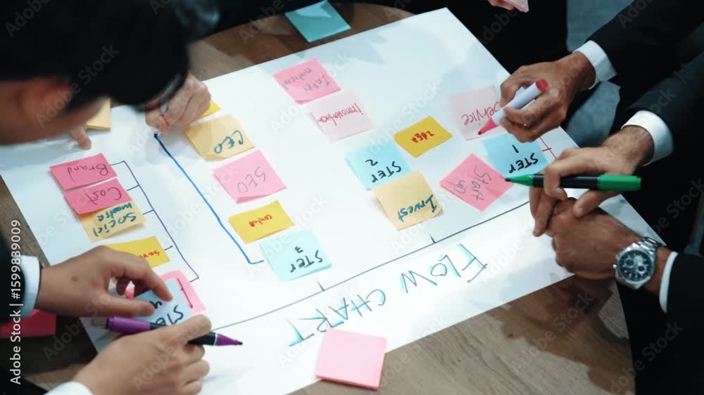Poster top view of business people hands making scrum task board to manage workflow in workplace. diverse m