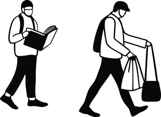 Silhouette illustrations: city life, social distancing, monochrome style.