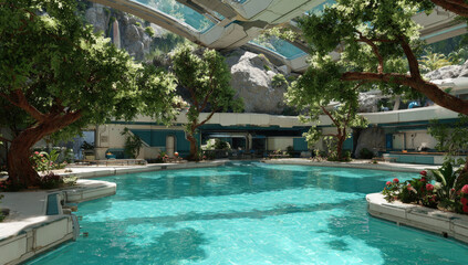 Indoor pool, lush plants, futuristic design