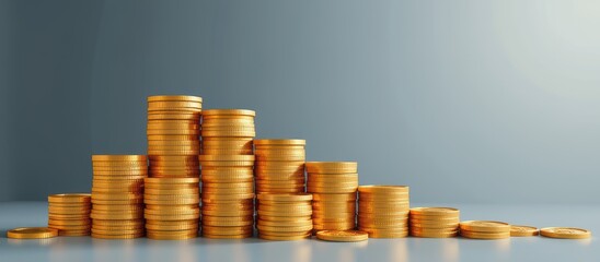 Stacks of gold coins arranged in a pyramid formation on a smooth surface.