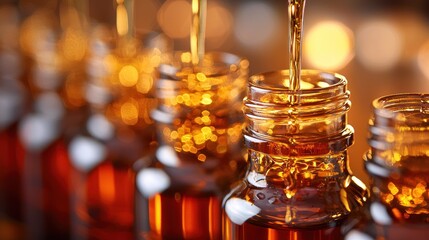 Amber Elixir:  Bottles of Golden Essential Oil Being Filled, Close-Up Photography