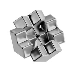 Abstract metallic 3D icon of a geometric cube structure. Isolated futuristic silver shape for a modern technology concept.