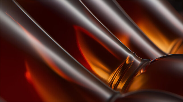 Close-up of wine bottle row, glass reflections, amber liquid tones, elegant beverage presentation.