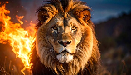 Fototapeta premium Majestic lion engulfed in flames