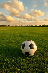Soccer ball on lush green grass field under golden sunset sky with dramatic clouds outdoor sports background for football training match day teamwork competition and summer recreation