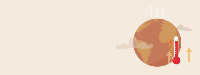 Climate change and global warming concept. Background or banner with globe and hot weather, thermometer and environmental problem illustration flat vector.