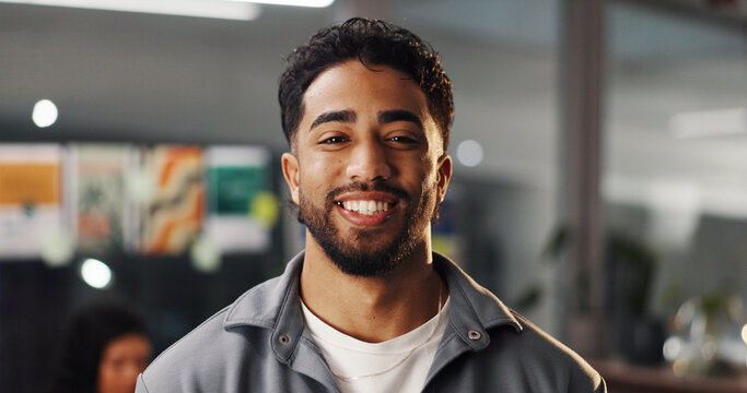 Portrait, creative and happy business man in office as graphic designer at internship. Smile, startup and professional employee with confidence, about us or career development for visual artist