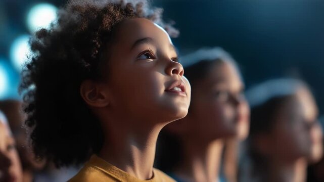 A child filled with wonder, gazing upward in admiration and joy.