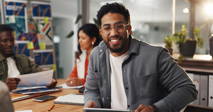 Portrait, tablet and happy businessman in office as graphic designer in creative meeting. Smile, startup team and professional worker with technology, about us or career development for visual artist - Powered by Adobe