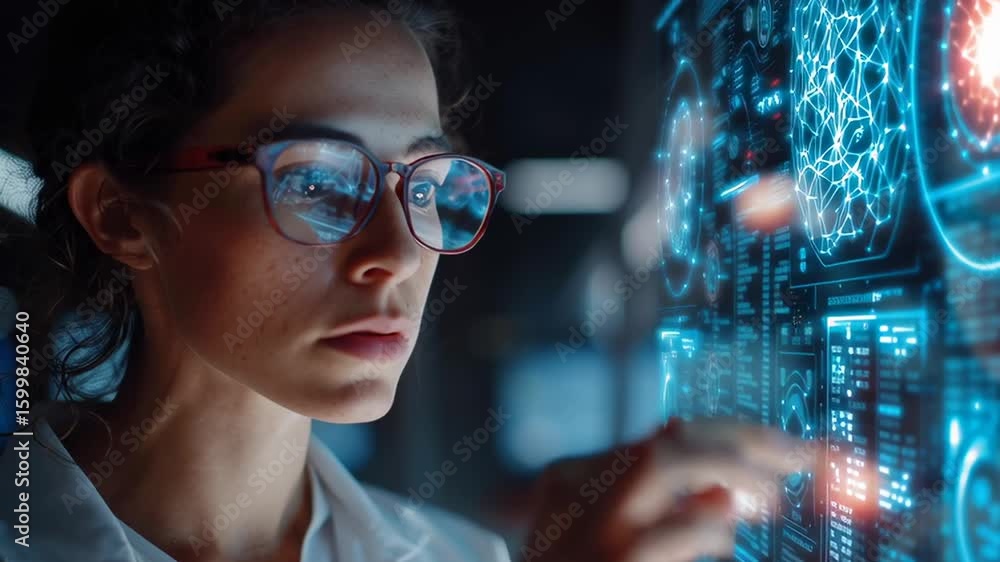 Poster a woman wearing glasses is pointing at a computer screen with a blue and red image. the image appear