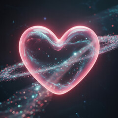 Glowing pink heart with swirling galactic particles floating in dark cosmic space