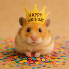 Cute hamster wearing yellow happy birthday crown sitting on colorful confetti in festive celebration scene