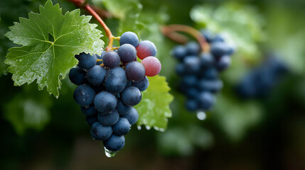 Fototapeta premium A close-up of a bunch of ripe red grapes hanging from a lush green vine, covered in morning dew or fresh raindrops. Each grape glistens with natural moisture, creating a sparkling texture.