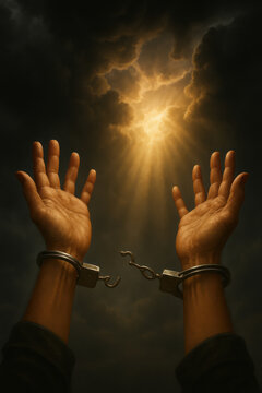 Hands breaking free from handcuffs reaching toward divine light through dark clouds for concept of spiritual freedom redemption and liberation from oppression
