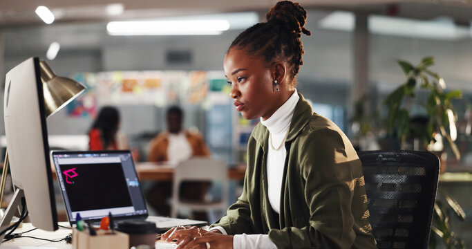 Business, internet or woman with computer, online reading or research for news report, editing or email. Person, employee or journalist in office, pc and website info with magazine layout or creative - Powered by Adobe