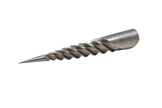 a metal screw with a pointed tip on a white background