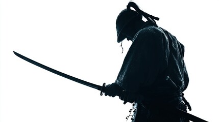Silhouetted warrior with katana, helmeted, head bowed against a bright, clean background