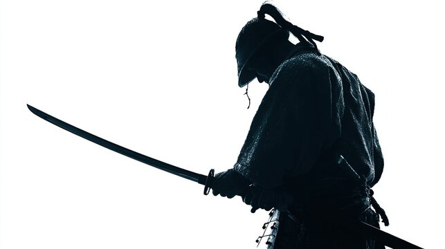 Silhouetted warrior with katana, helmeted, head bowed against a bright, clean background