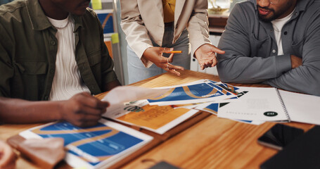 Graphic design, meeting or people with paperwork in office for logo planning, layout draft or...